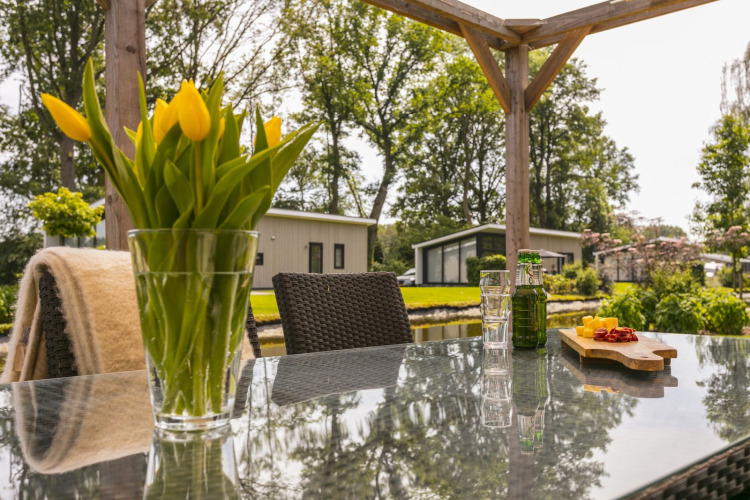 Buitenterras bij Lodge Mistique, Holiday Park De Lochemse Berg, met tulpen, drankjes en hapjes op tafel.