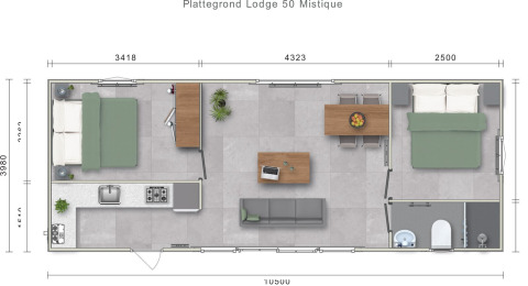 Plattegrond van Lodge Mistique bij Holiday Park De Lochemse Berg, met slaapkamers, keuken en badkamer.