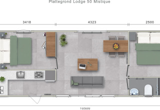 Plan du Lodge Mistique au Holiday Park De Lochemse Berg, avec chambres, cuisine et salle de bain.