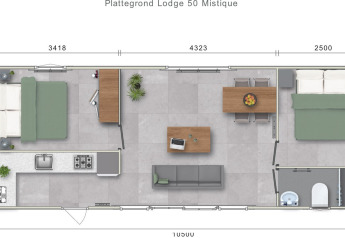 Plattegrond van Lodge Mistique bij Holiday Park De Lochemse Berg, met slaapkamers, keuken en badkamer.