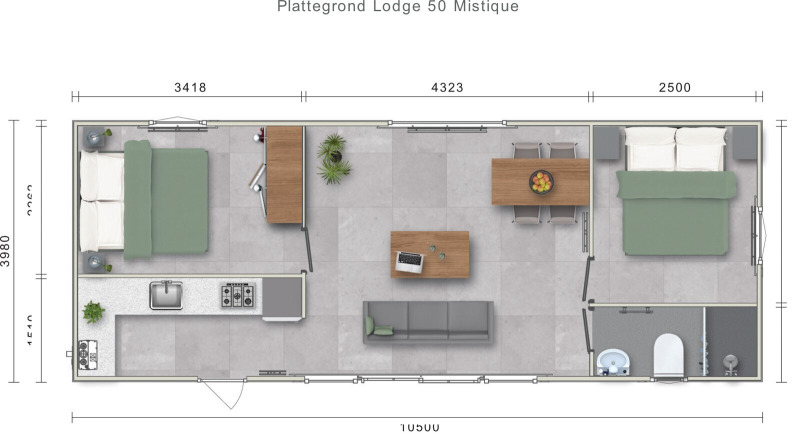 Plattegrond van Lodge Mistique bij Holiday Park De Lochemse Berg, met slaapkamers, keuken en badkamer.