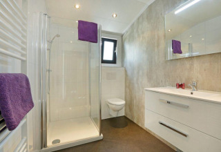Baño moderno con ducha de vidrio, inodoro y lavabo blanco en Lodge Grand Modern en De Lochemse Berg.