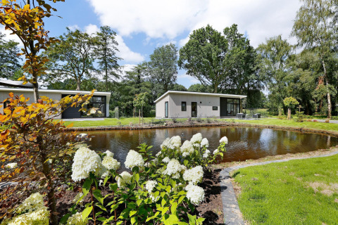 Modern lodge with a pond, blooming white flowers, and garden seating at Holiday Park De Lochemse Berg, Netherlands.