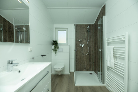 Moderne badkamer in Terrace Lodge, Holiday Park De Lochemse Berg, Nederland, met glazen douchecabine.