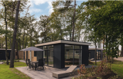 Moderna Kubus Lodge con sauna en Holiday Park De Lochemse Berg, Países Bajos, rodeada de árboles y naturaleza.