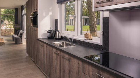 Modern kitchen inside Kubus Lodge + sauna at Holiday Park De Lochemse Berg, featuring large windows and trees.