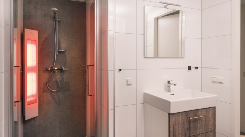 Moderne badkamer in Kubus Lodge + sauna, Holiday Park De Lochemse Berg, met douche en grote wastafel.