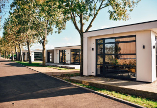 Moderne lodges bij Villa Maritiem in MarinaPark Bad Nederrijn, Nederland, naast bomen en voetpaden.