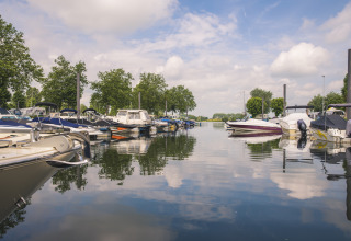 Barcos atracados en la marina con árboles, cielo nublado y agua tranquila en MarinaPark Bad Nederrijn.