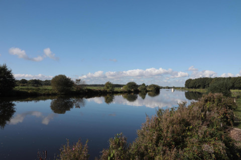 Udsigt over en rolig sø med spejlblankt vand, grøn vegetation og blå himmel ved glampingophold.