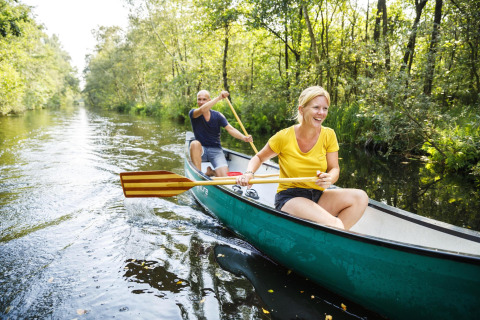 Paar paddelt in einem Kanu auf einem sonnigen Fluss, umgeben von grünen Bäumen, beim Glampingurlaub.