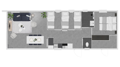 Plantegning af Premium Lodge på Kompas Camping - Westende, Belgien, med moderne møbler og rumindretning.