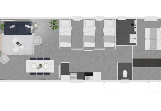 Plano de la Premium Lodge en Kompas Camping - Westende, Bélgica, con mobiliario moderno y distribución actual.