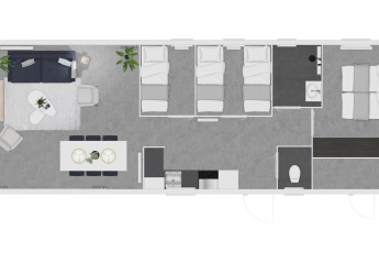 Planimetria della Premium Lodge al Kompas Camping - Westende, Belgio, con arredi moderni e disposizione spaziosa.