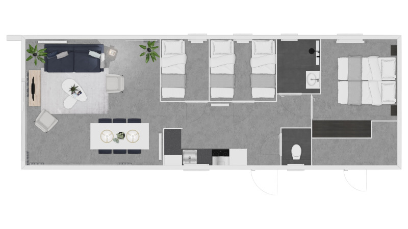 Plano de la Premium Lodge en Kompas Camping - Westende, Bélgica, con mobiliario moderno y distribución actual.