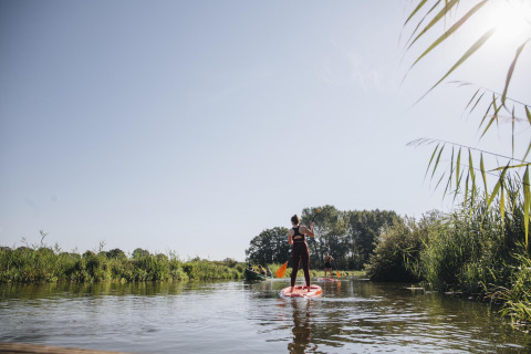 Mensen op paddleboards genieten van een rivier omgeven door groen bij een glampingverblijf.