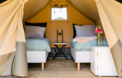 Binnenkant van een safaritent met twee bedden, houten vloer en bloemen bij CharmeCamping De Regge-Vallei, Nederland.