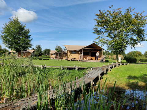 Safaritelte og træhytter ved en sø på Holiday park Eigen Wijze i Holland under en blå himmel.