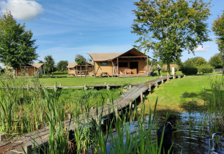 Tiendas safari del alojamiento 'de Blokhut' en Holiday park Eigen Wijze, Países Bajos, junto a estanque.