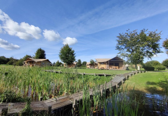 Tentes safari à Groupaccommodation 'de Blokhut' au parc Eigen Wijze, Pays-Bas, avec passerelle en bois.