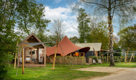 Glamping-Unterkunft mit modernen Zelten und Holzhäusern in grüner, bewaldeter Umgebung im Freien.