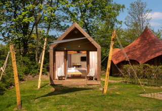 Petite suite boutique au Holiday Park Mölke, Pays-Bas, entourée de verdure et d’un décor chaleureux.
