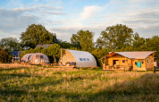Trois tentes de glamping modernes alignées sur un champ herbeux, avec des arbres en arrière-plan au coucher du soleil.
