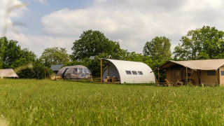 Lodges de camping modernes à Holiday Park Mölke, Pays-Bas, avec Riverdome et espace sanitaire sur un pré.