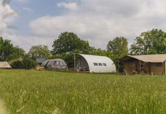 Flotte campinghytter på grøn mark ved Holiday Park Mölke, inklusive Riverdome og sanitære faciliteter.