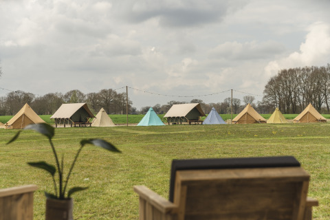 View of multiple tents set up on a grassy field at a lodge, seen from behind a wooden chair on a cloudy day.
