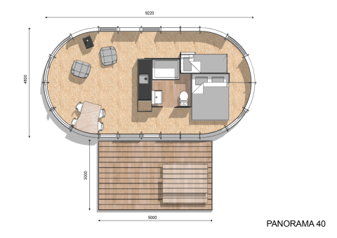 Plano de planta de Riverdome con instalaciones sanitarias, mobiliario y terraza en Holiday Park Mölke, Países Bajos.