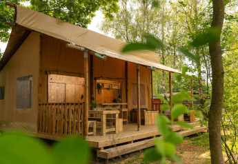 Safari tent 'the bartender' met sanitair bij Vakantiepark Mölke, Nederland, omringd door bomen.