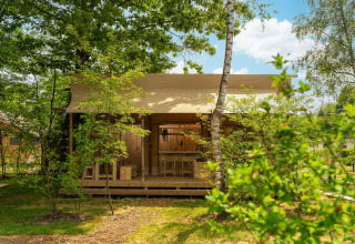 Safari-Zelt 'the bartender' mit eigenem Bad im Holiday Park Mölke, umgeben von viel Grün in den Niederlanden.