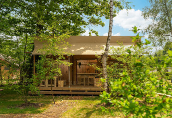 Safaritent 'the bartender' met eigen sanitair op Vakantiepark Mölke, omgeven door veel groen in Nederland.