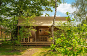 Safari tent 'the bartender' with private sanitary facilities at Holiday Park Mölke, surrounded by greenery.