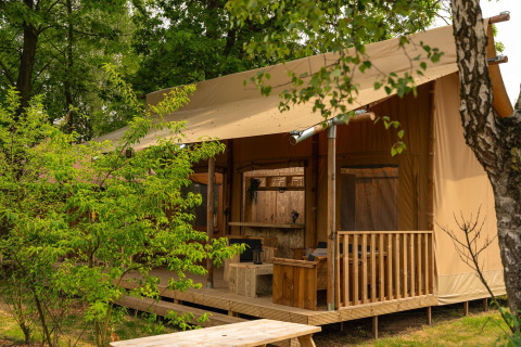 Tente safari 'the bartender' avec sanitaires privés au Holiday Park Mölke, Pays-Bas, entourée de verdure.
