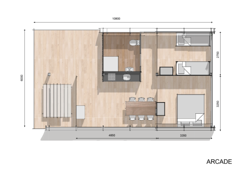 Floor plan of Panorama Lodge with bathroom at Holiday Park Mölke, Netherlands, showing layout and furniture.