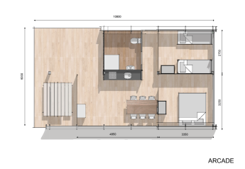 Plattegrond van Panorama Lodge met badkamer bij Holiday Park Mölke in Nederland, inclusief inrichting.