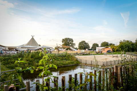 Glampingområde med tipitelte, sandstrand og dam under blå himmel, omgivet af grønne planter og træer.