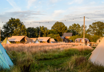Safaritenten op Pop-up glamping Neighbor's Awaji bij Holiday Park Mölke, Nederland, te midden van gras en bomen.