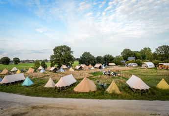 Pop-up glamping with safari tents at Holiday Park Mölke in the Netherlands, set in a scenic rural field.