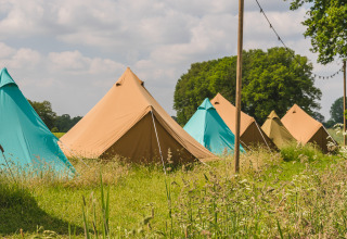 Fila de coloridas tiendas tipi en Holiday Park Mölke, Países Bajos, rodeadas de césped y árboles.