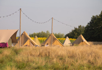 Glamping pop-up con tende a campana presso Holiday Park Mölke, Paesi Bassi, tra girasoli e natura.