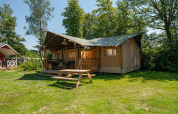 Tienda safari con porche cubierto y banco de picnic en césped verde, rodeada de árboles altos.