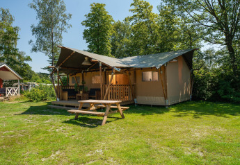 Safarizelt mit überdachter Veranda und Holzbänken auf einer grünen Wiese, umgeben von Bäumen.