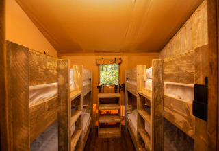 Interior of a safari tent showing rustic wooden bunk beds and soft lighting, window revealing greenery.