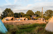 Glamping pop-up: tiendas Awaji en Holiday Park Mölke, Países Bajos, rodeadas de campo y naturaleza.