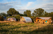 Tiendas de glamping de lujo en Holiday Park Mölke, Países Bajos, rodeadas de campos de hierba y árboles.