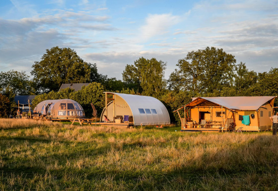 Luxury glamping tents at Holiday Park Mölke in the Netherlands, surrounded by grassy fields and trees at sunset.