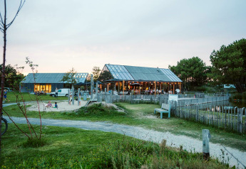 Glamping-Unterkunft mit modernen Holzhütten, Sandspielplatz und Terrasse in grüner, entspannter Umgebung.